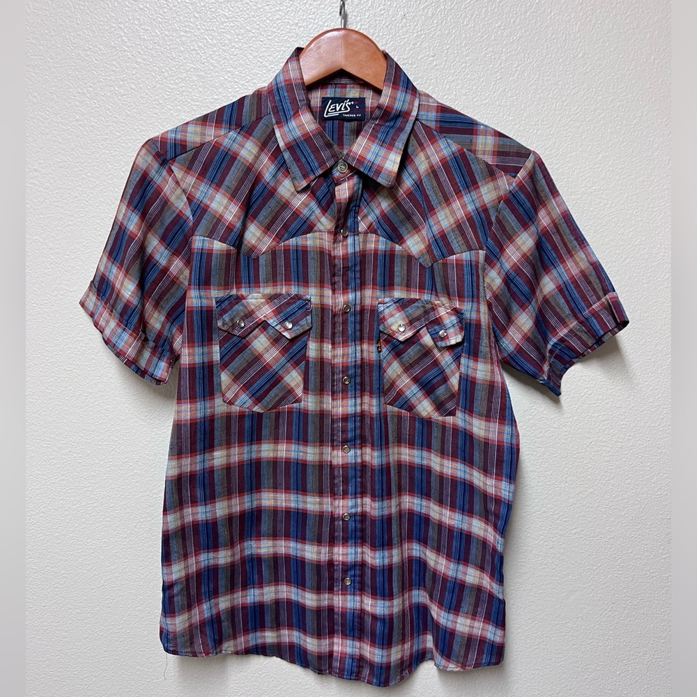 Vintage Levis Pearl Snap Shirt Size Large White Red Plaid Western Cowboy Rodeo